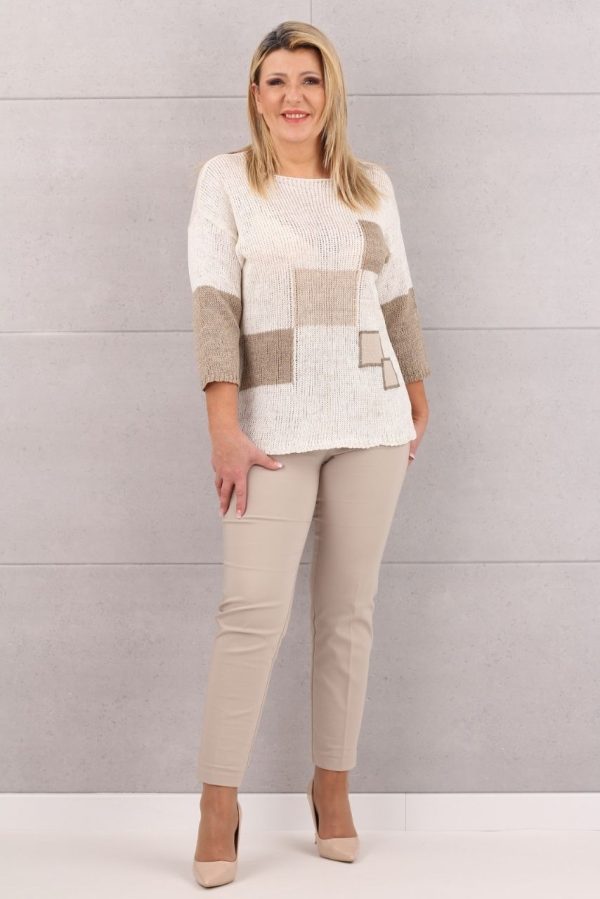 Elegancka lniana bluzka sweterkowa biało-beżowa