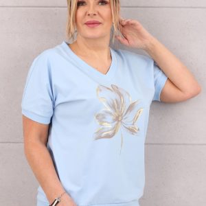 Bluzka damska plus size z kwiatem niebieska