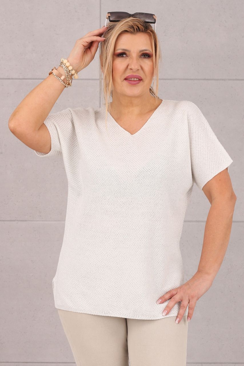 Sweterkowa bluzka ze srebrną nitką biała